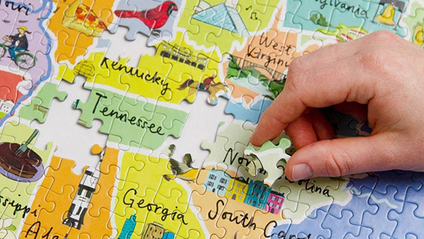 Physical jigsaw puzzle of us map